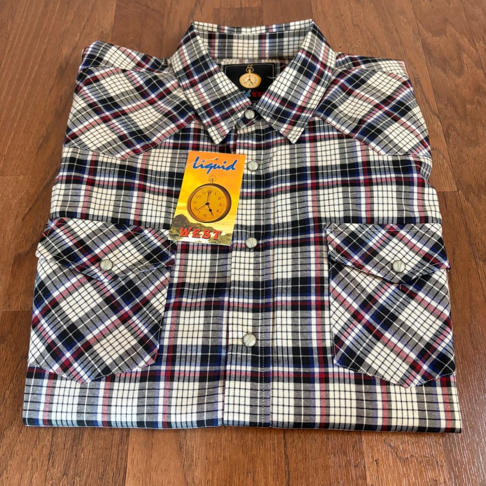 Liquid West Mens XXL Plaid Western Snap Shirt White Black Red Pearl Snap NWT